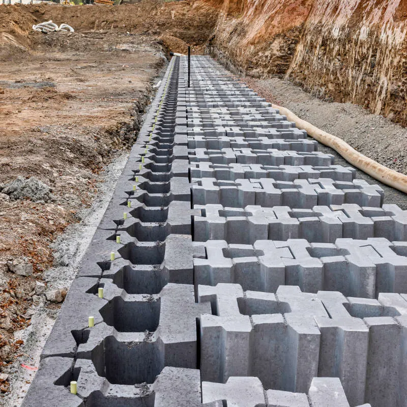 Keymass precast block placed by a UCBC excavator with a block grab
